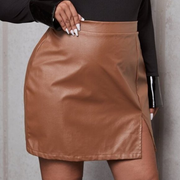 undefined Dresses & Skirts - Plus faux leather Split Side Skirt brown
